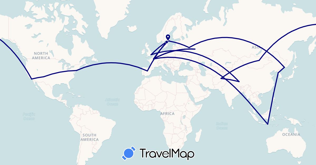 TravelMap itinerary: driving in Afghanistan, China, Spain, France, United Kingdom, Indonesia, North Korea, Mongolia, Russia, Sweden, United States (Asia, Europe, North America)